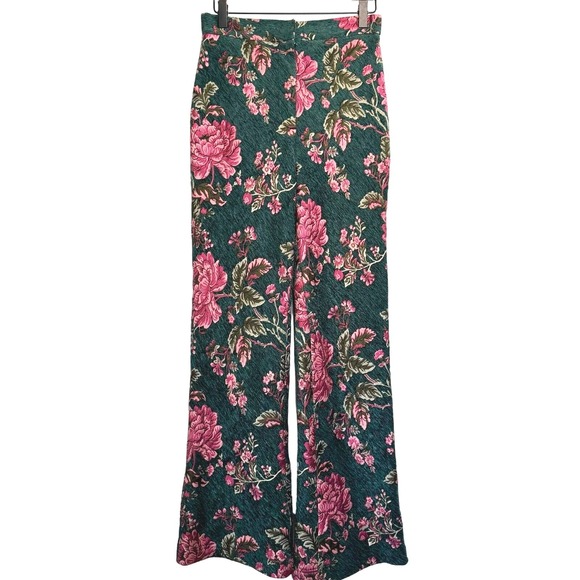 Tadashi Shoji Pants - Tadashi Shoji Pants 4 Floral Jacquard Wide Leg High Rise Teal Pink Avant Garde